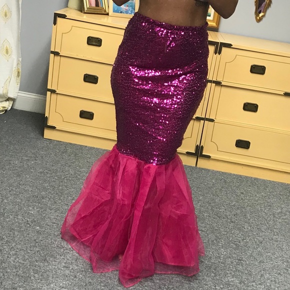 Pink high waisted Sequin Mermaid Skirt tulle tail - Picture 4 of 5